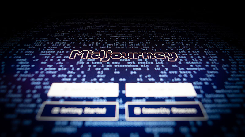 ascii computer symbols around a blue background and the word Midjourney