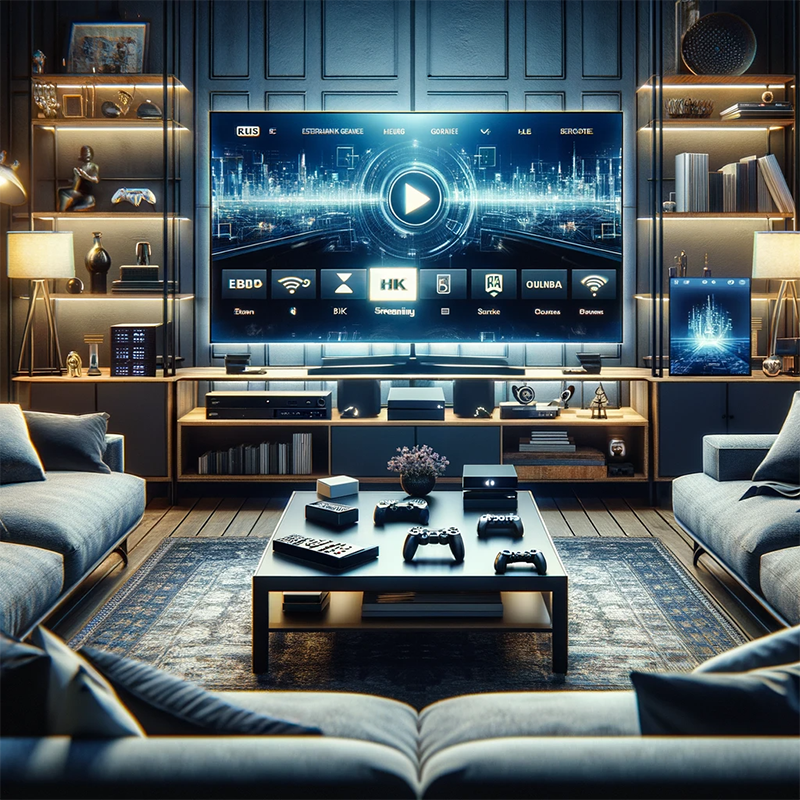 High tech living room with large tv streaming, video games and other tech