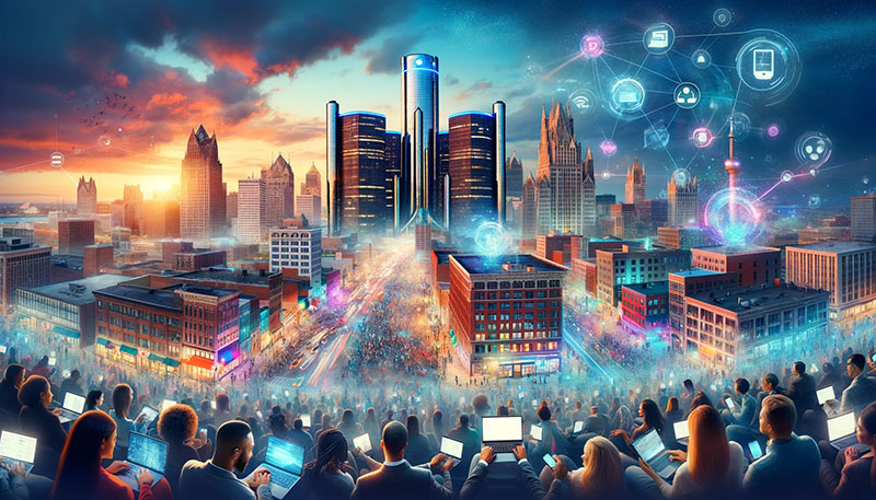 Futuristic digital image of Detroit being transformed by high-speed internet and smart cities.