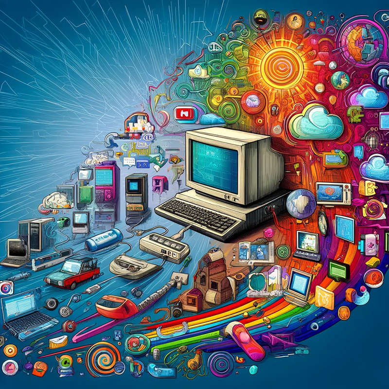 Colorful drawn image of the evolution of the internet.
