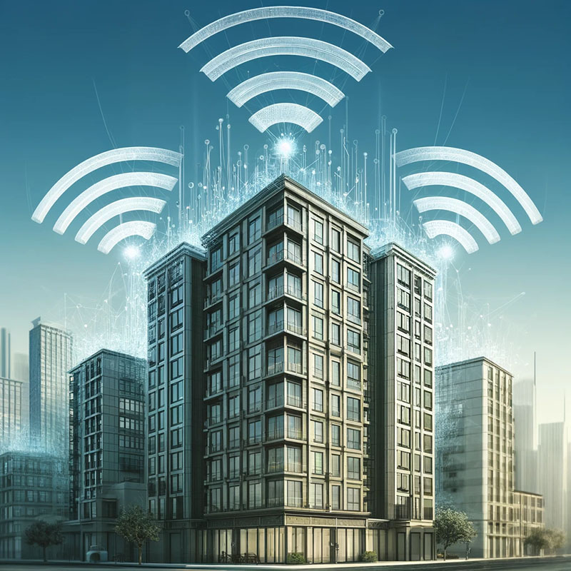 Buildings with WiFi signals above.