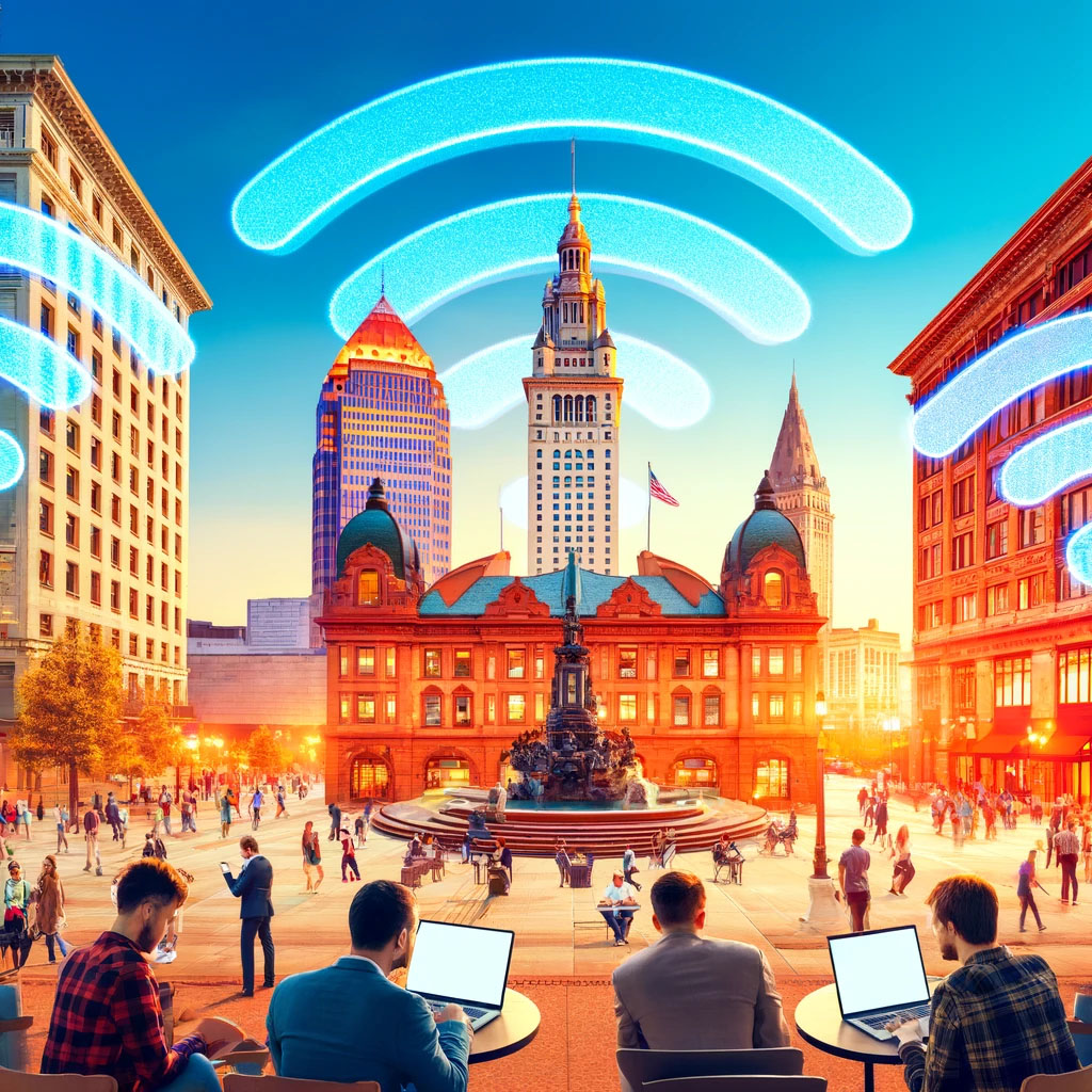 Illustration of diverse people using mobile devices and laptops in downtown Cleveland, with landmarks like the Cleveland Public Library and Cleveland State University in the background. WiFi icons float around the scene, symbolizing public WiFi access, depicting a modern and connected city atmosphere.