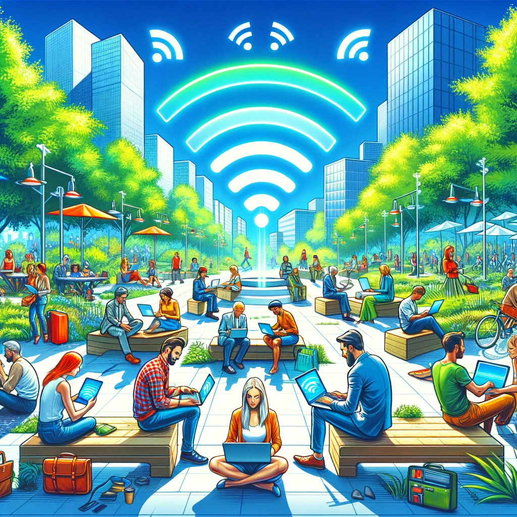 Urban park scene with diverse people using Wi-Fi on various devices, including laptops and smartphones, in a sunny, green outdoor setting.
