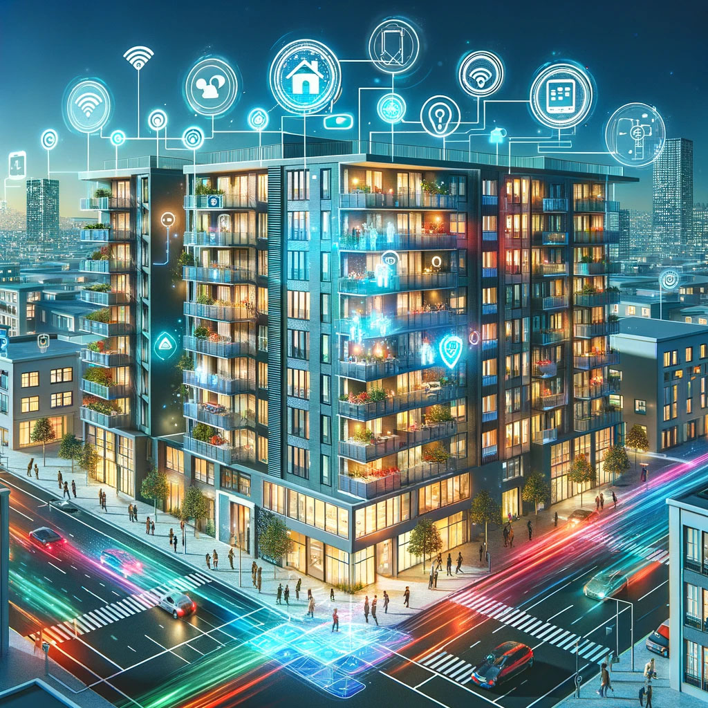 Futuristic smart apartment building equipped with IoT technology, featuring residents using smartphones to interact with automated systems like lighting and security, surrounded by smart infrastructure.