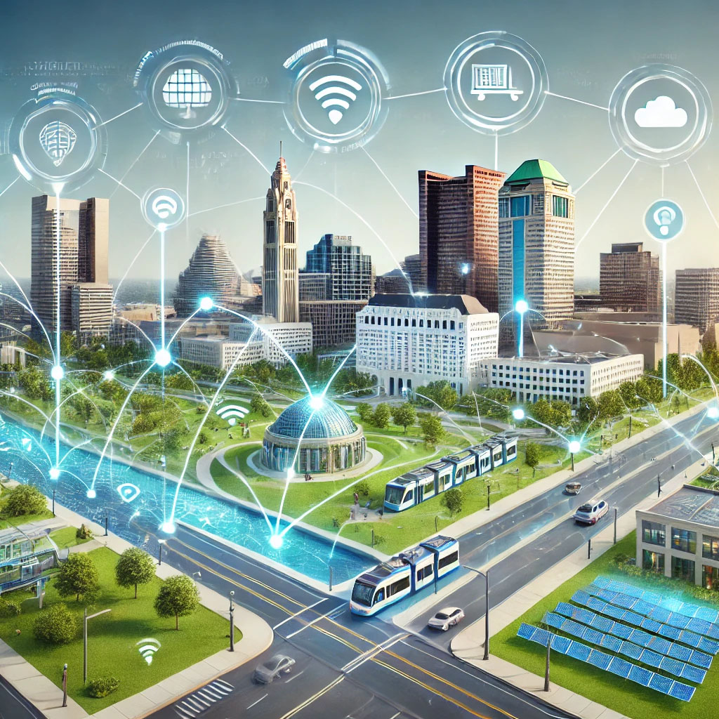 Futuristic Columbus with smart grids, public transport, environmental monitoring, and high-speed internet.