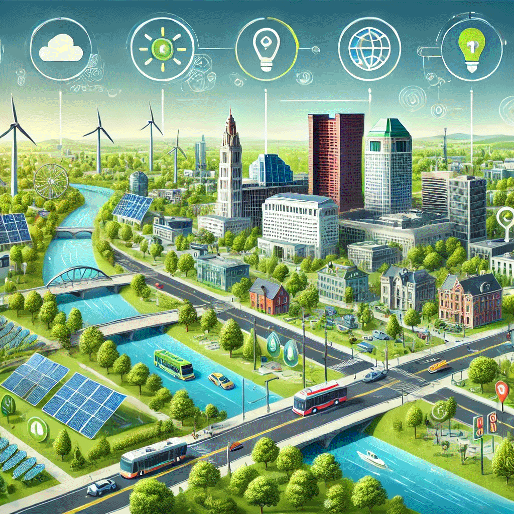 Futuristic Columbus cityscape with smart grids, environmental monitors, green businesses, and digital connectivity.