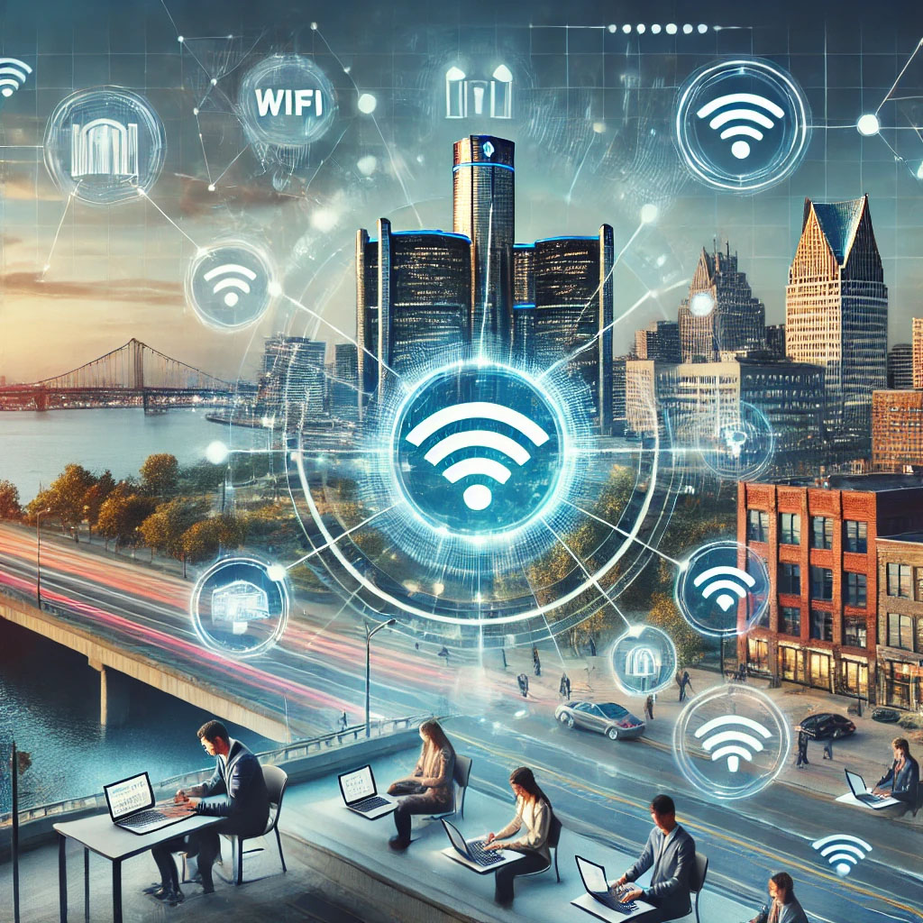Modern cityscape of Detroit with high-speed internet symbols, people working on laptops, students in virtual classes, and the city skyline.
