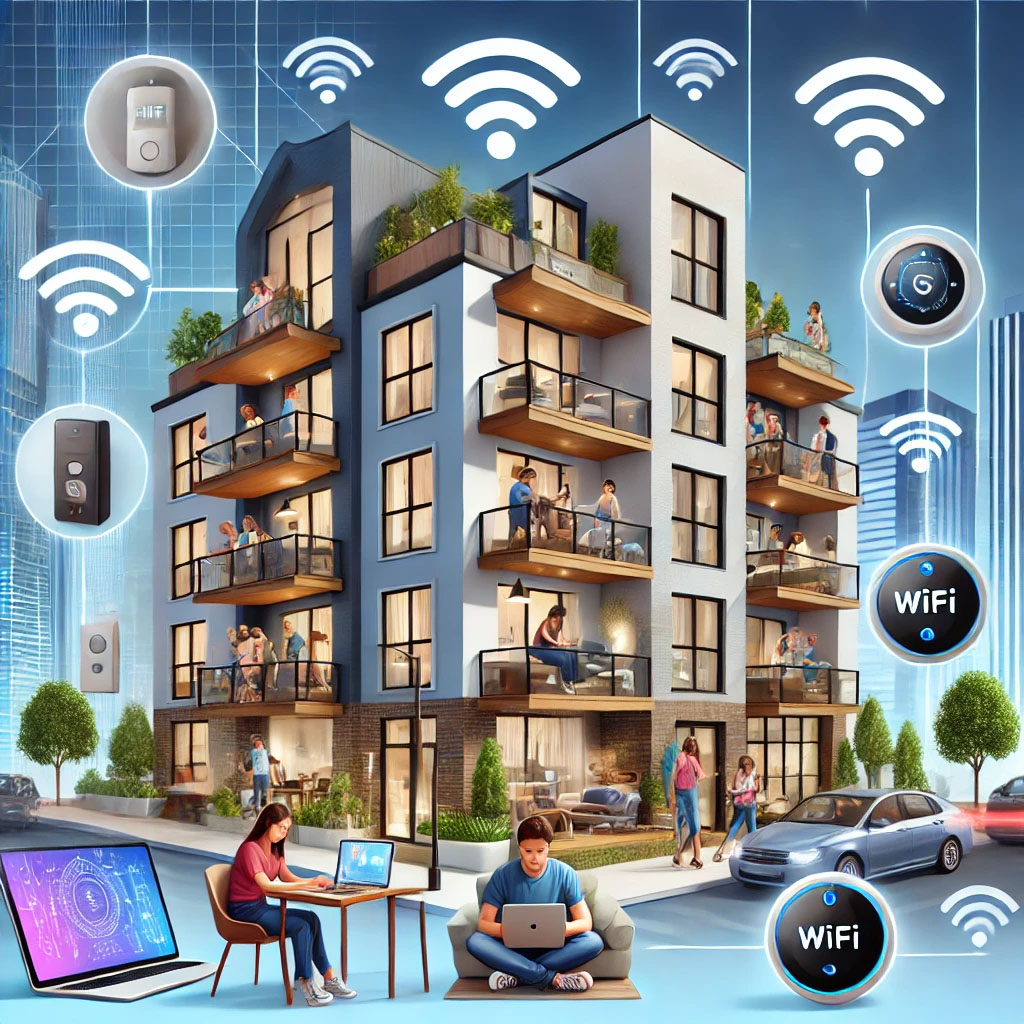 Modern apartment complex with residents working remotely, students in virtual classes, smart home devices, and WiFi symbols indicating connectivity.