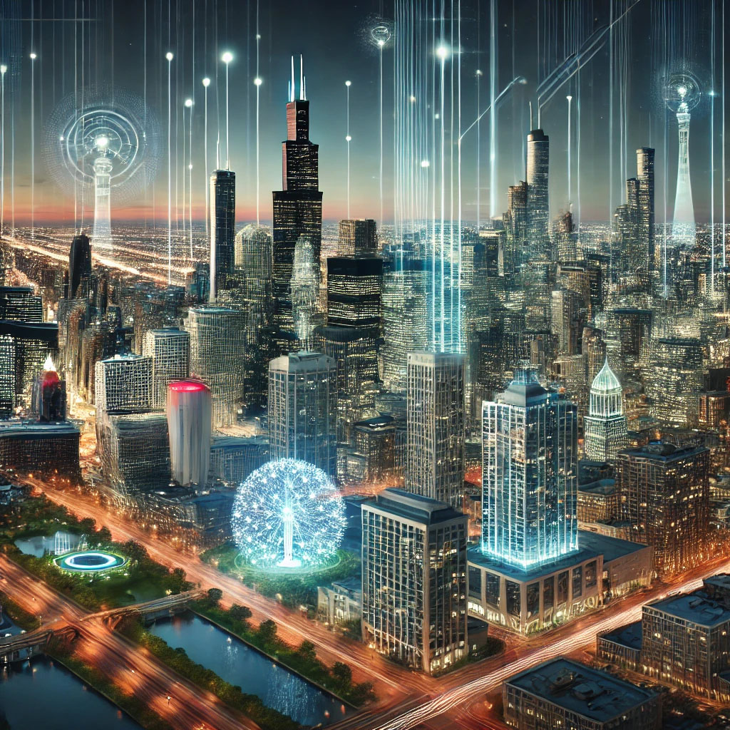 Futuristic Chicago skyline with iconic buildings, smart home features, glowing fiber-optic connections, and rooftop gardens, representing advanced urban living