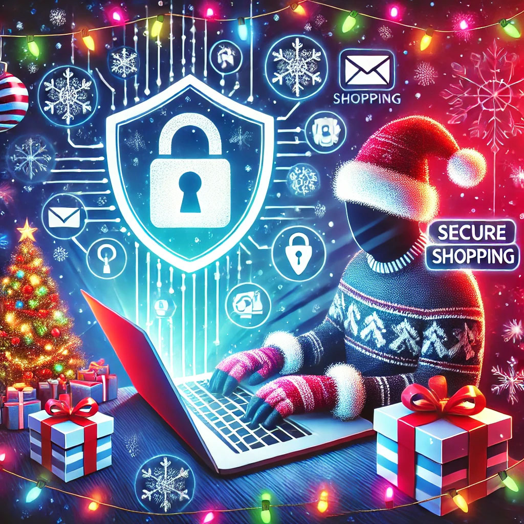 Festive illustration of a person shopping online with cybersecurity symbols, including a shield and padlock, representing safe holiday internet shopping.