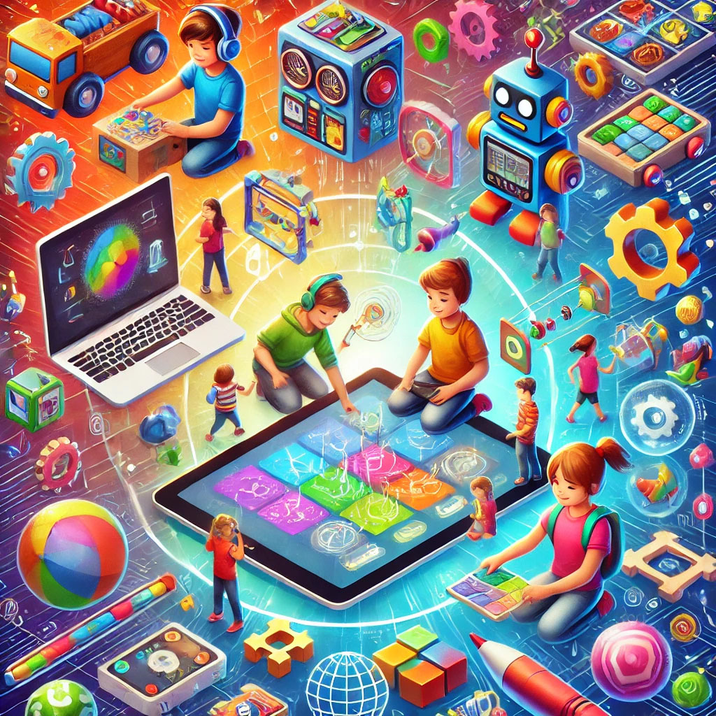 Children using tech gadgets like coding kits, tablets, and interactive toys in a fun and educational setting, emphasizing creativity and learning.