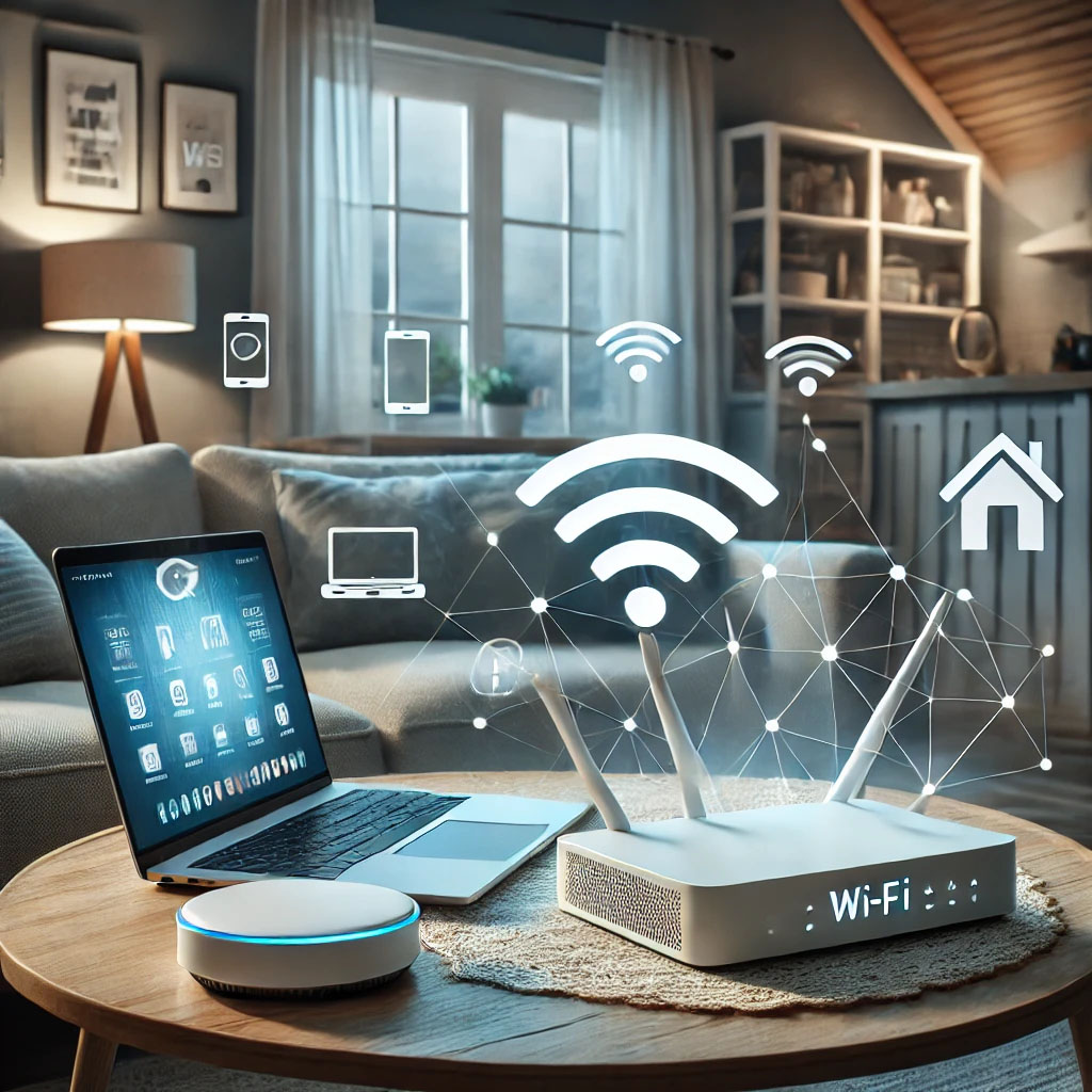 Modern home with a central Wi-Fi router and devices, showcasing strong and optimized internet connectivity.