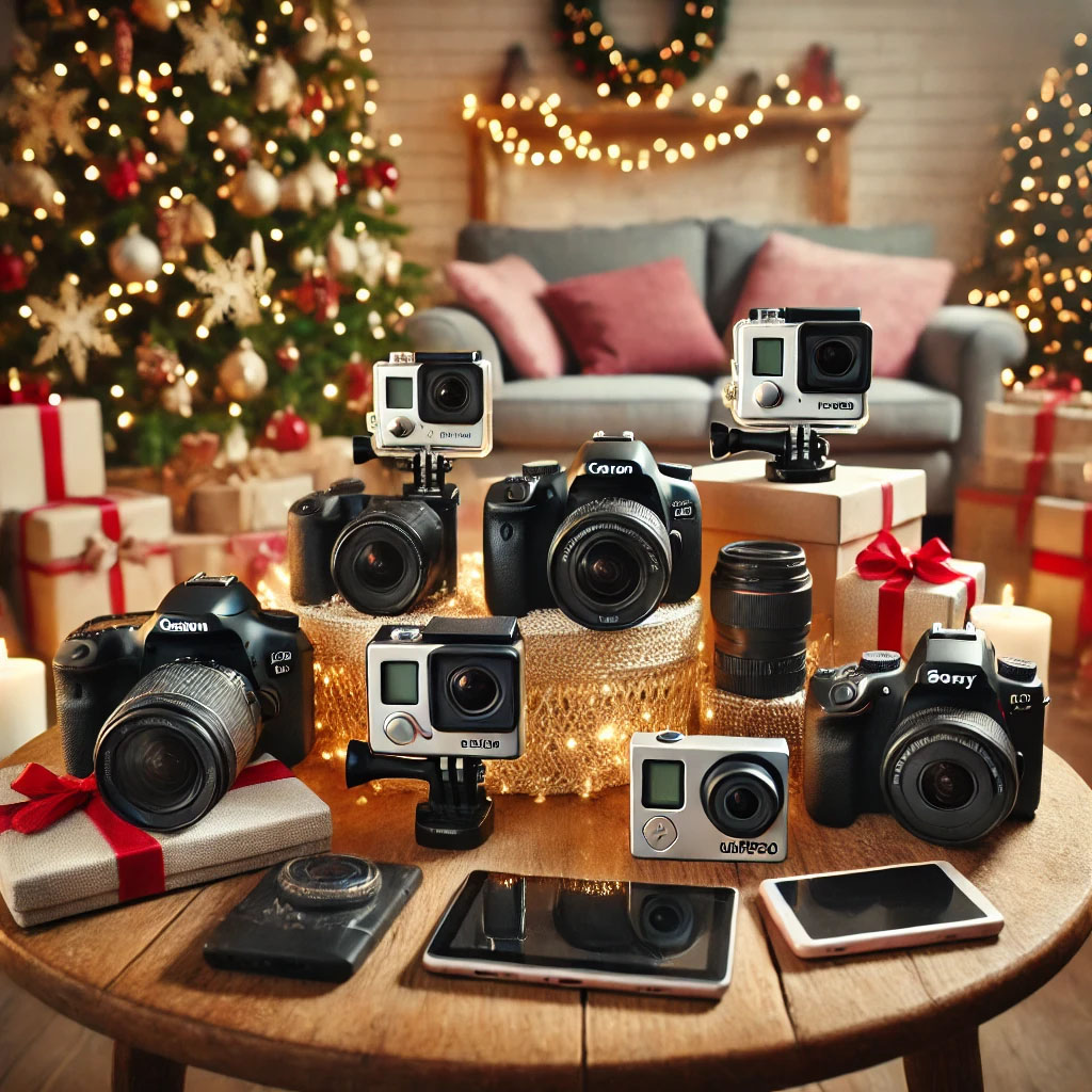 Festive living room with a variety of cameras and gadgets for capturing holiday memories in a warm, family-friendly atmosphere.