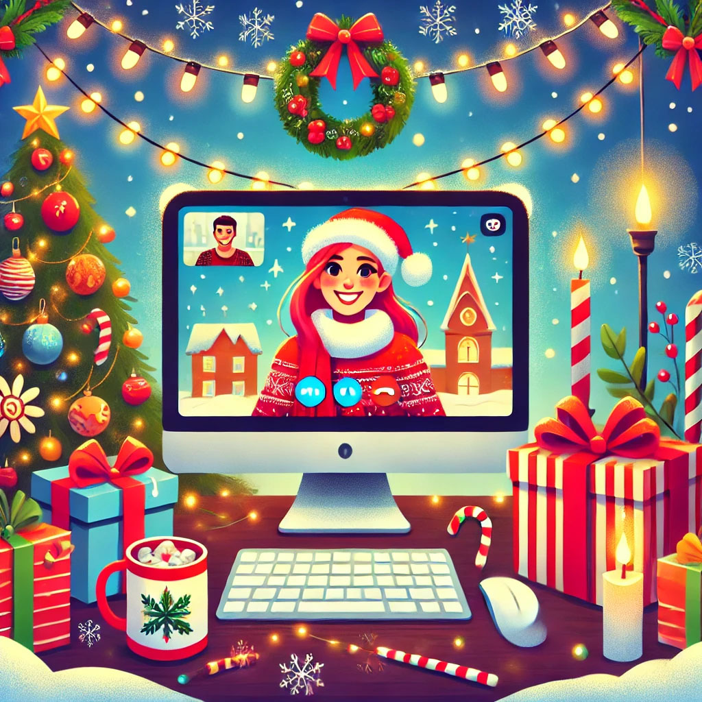 Illustration of a virtual holiday party showing a computer screen with participants in festive attire, surrounded by holiday decorations and cozy elements.