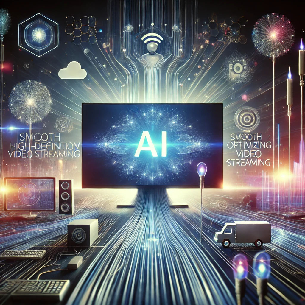 Futuristic digital scene showing AI optimizing video streaming with smooth HD playback, data streams, and network connections.