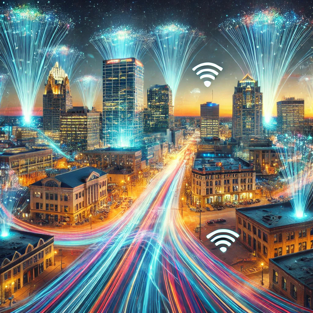 Futuristic cityscape of Milwaukee with glowing fiber optic cables, modern and traditional buildings, and symbols of digital connectivity and progress.