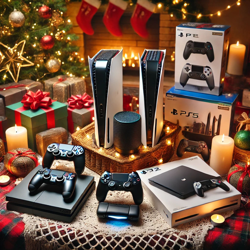 Holiday scene with gaming consoles, accessories, and high-speed internet gear, surrounded by Christmas decorations and gifts.