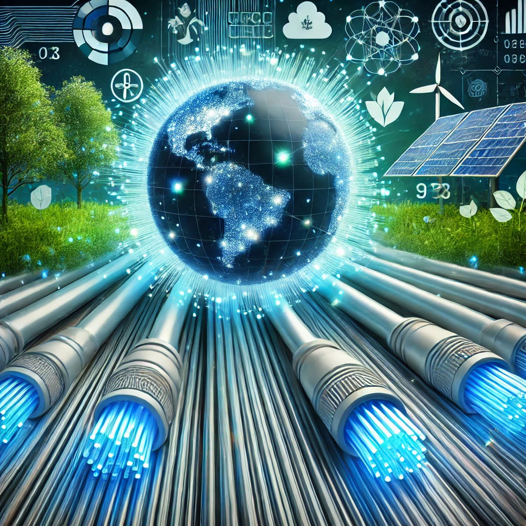 Glowing fiber optic cables with a green eco-friendly backdrop, symbolizing sustainable and energy-efficient internet technology.