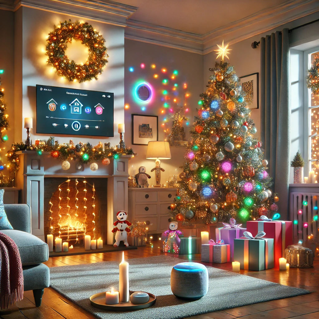 Festive holiday living room with smart home decorations, including color-changing lights, a glowing wreath, and modern tech-savvy elements.