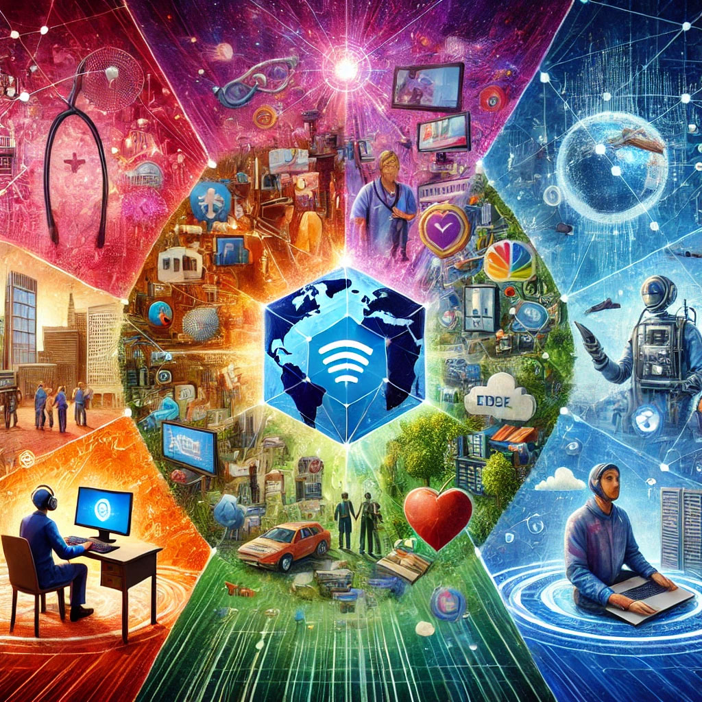 Digital collage depicting high-speed internet transforming healthcare, education, entertainment, retail, and remote work industries.