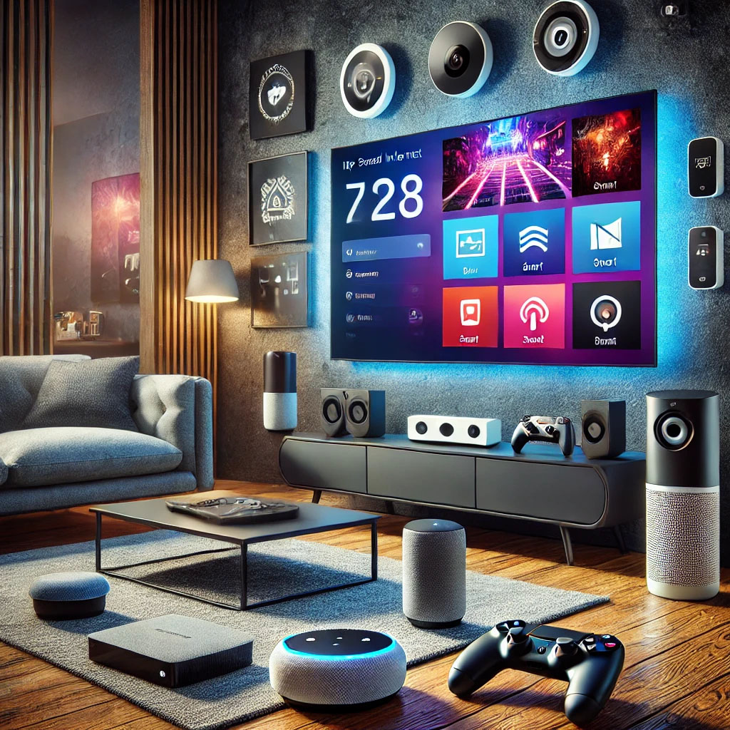 Modern living room featuring smart devices connected to high-speed internet, including a smart TV, speaker, security camera, thermostat, and gaming console.