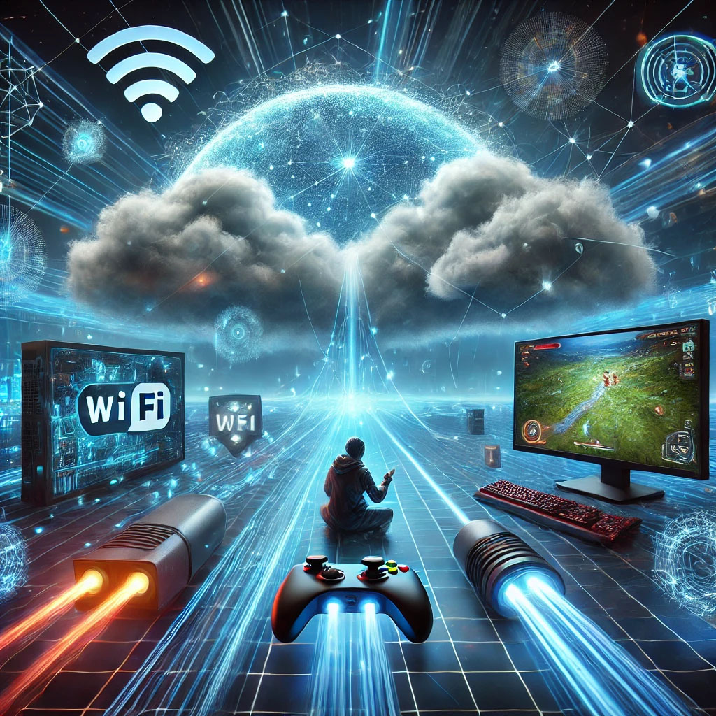 Illustration of cloud gaming with high-speed internet, featuring a gamer, data streams, Wi-Fi signals, and a futuristic virtual game world.