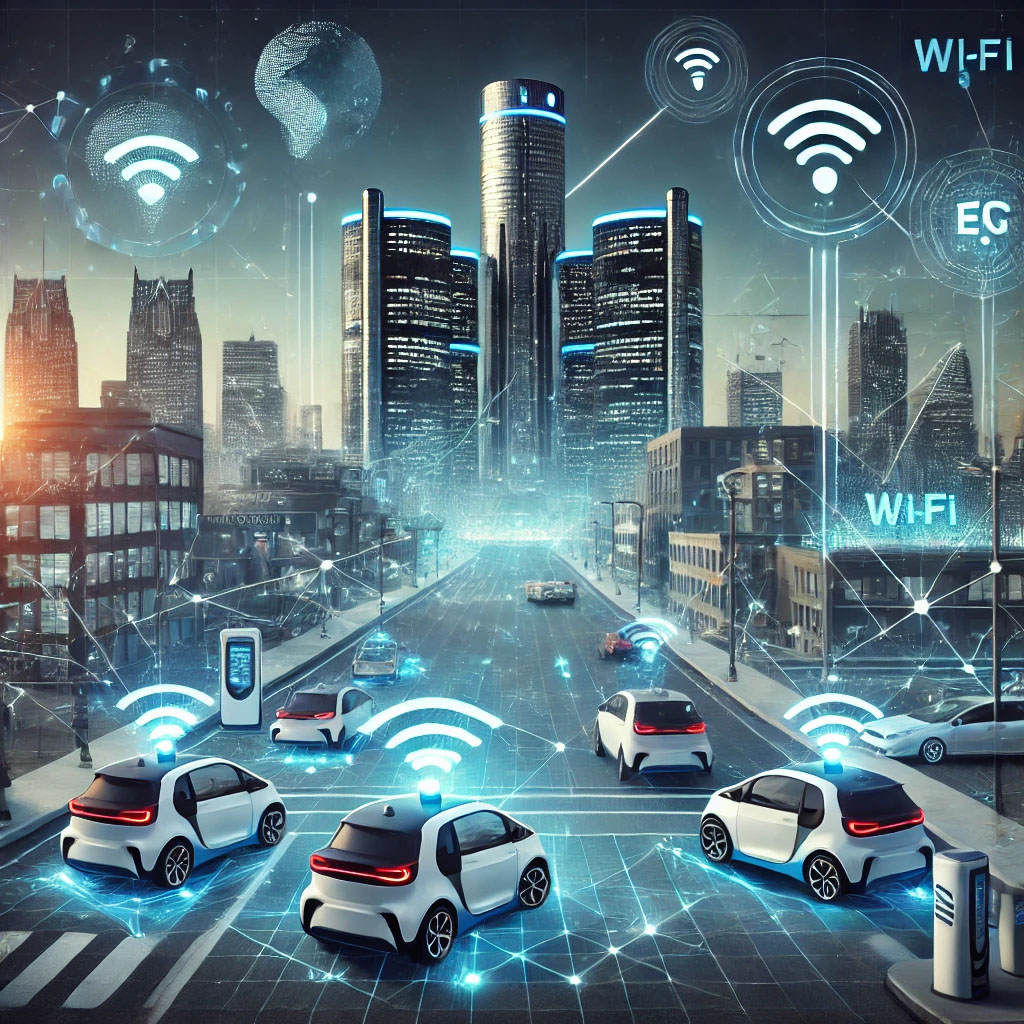 Illustration of smart transportation in Detroit with self-driving cars, smart traffic lights, EV charging stations, and high-speed internet connectivity.