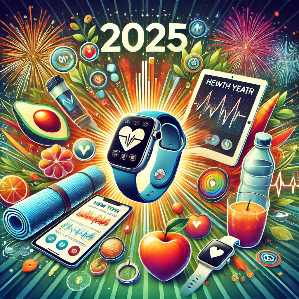 Illustration of health gadgets and apps for the new year, featuring a smartwatch, fitness tracker, smartphone, and wellness elements like a yoga mat and fresh food.