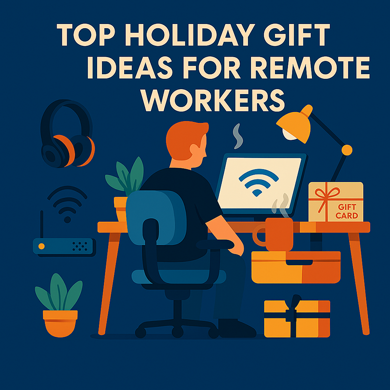 Flat-style digital illustration of a remote worker at a desk, surrounded by thoughtful holiday gift items like headphones, a gift card, and a warm beverage.