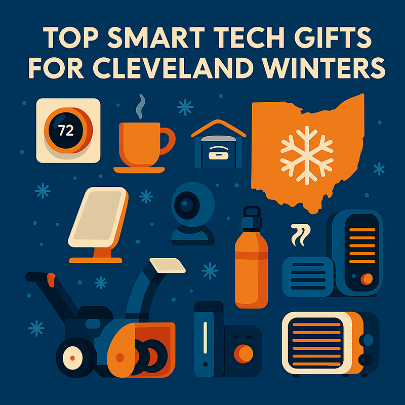 Flat digital illustration of smart tech gifts for winter, including thermostat, heater, mug, snow blower, and light lamp.