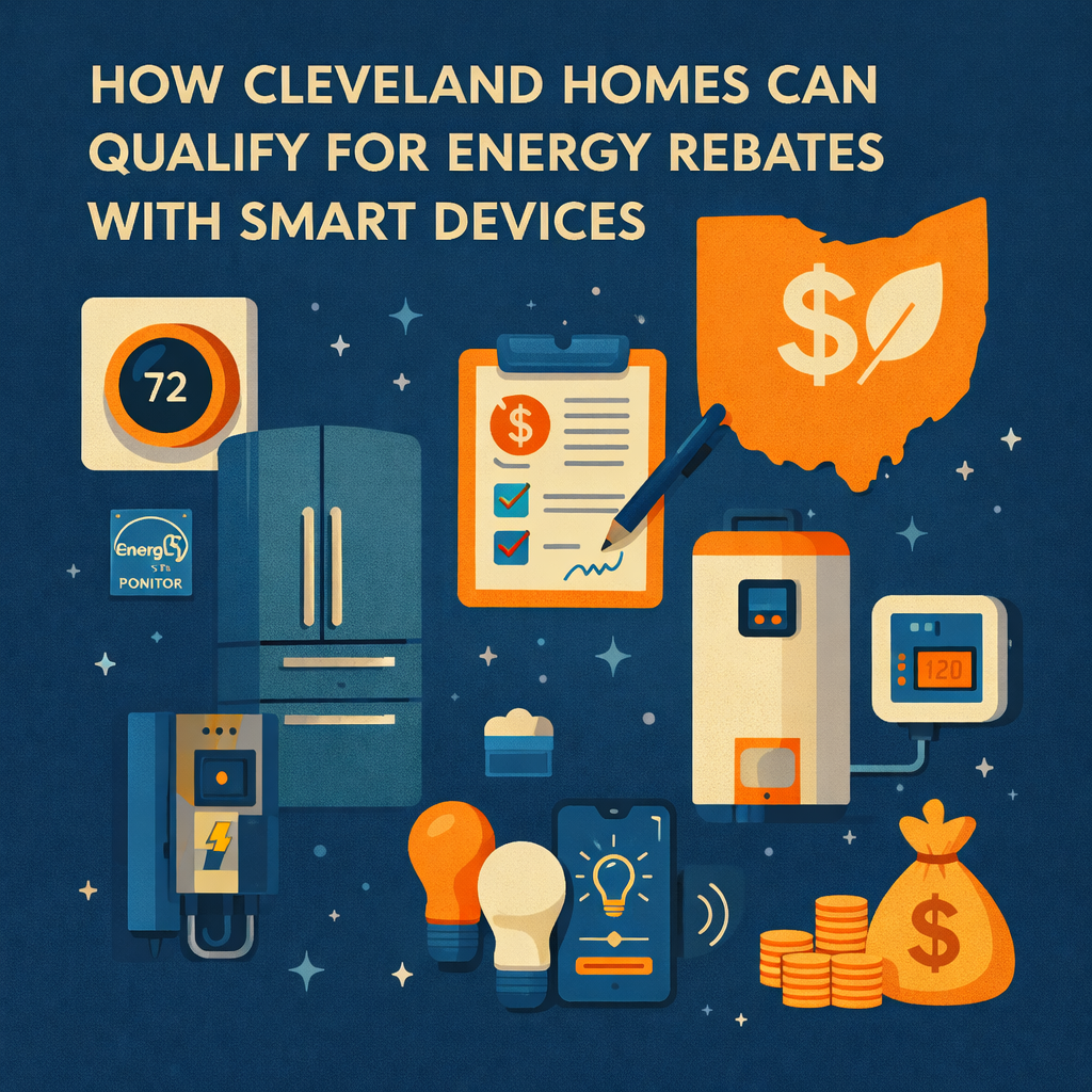 Illustration of smart home devices helping Cleveland homeowners qualify for energy rebates.