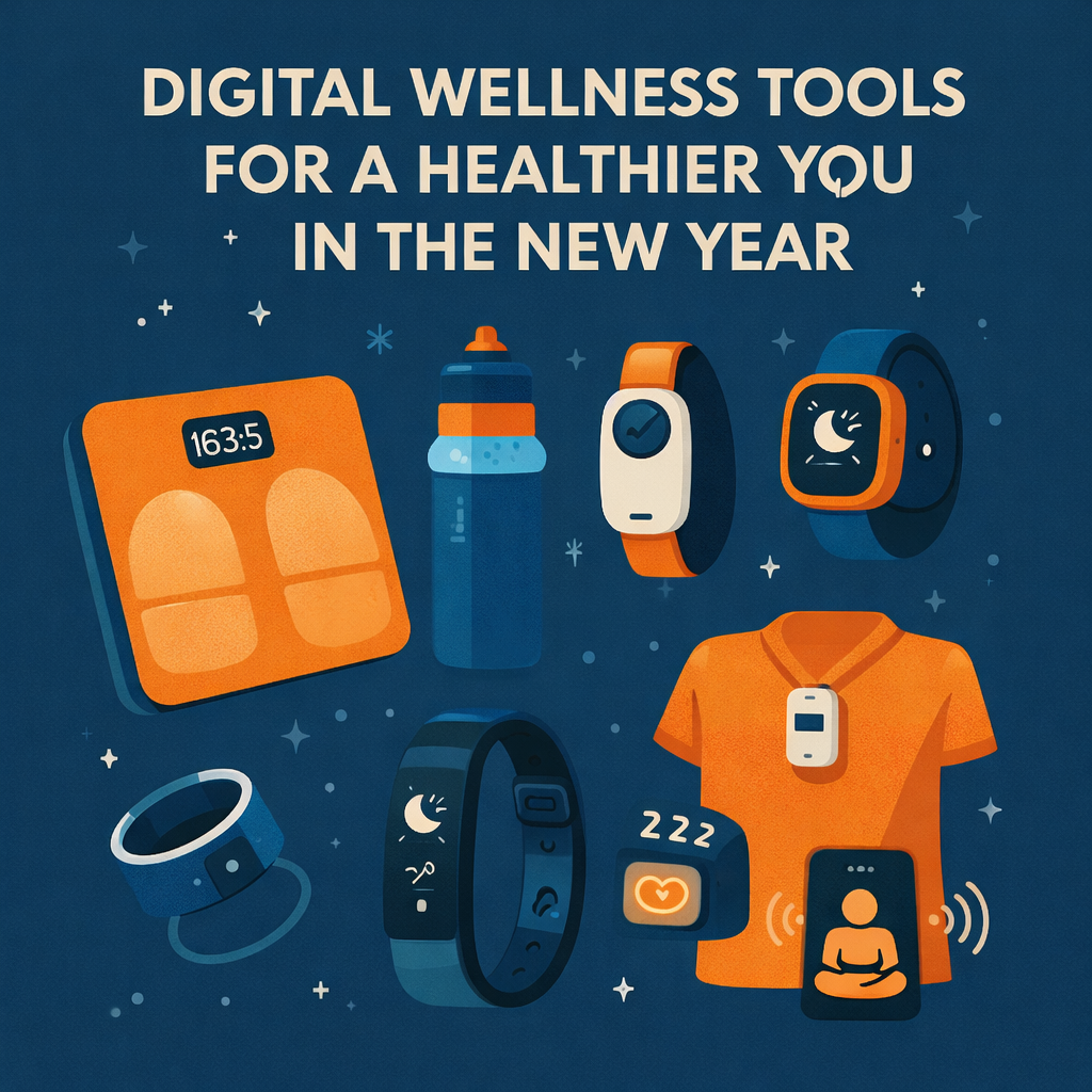Colorful digital illustration featuring smart wellness gadgets like a fitness tracker, smart scale, and hydration bottle.