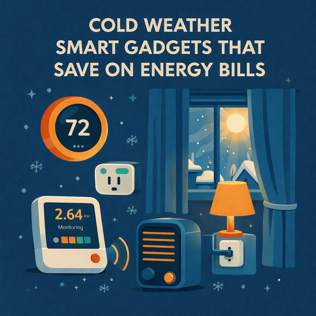 Flat-style digital illustration of wellness tech gadgets like fitness trackers, smart scales, and posture sensors for the new year.