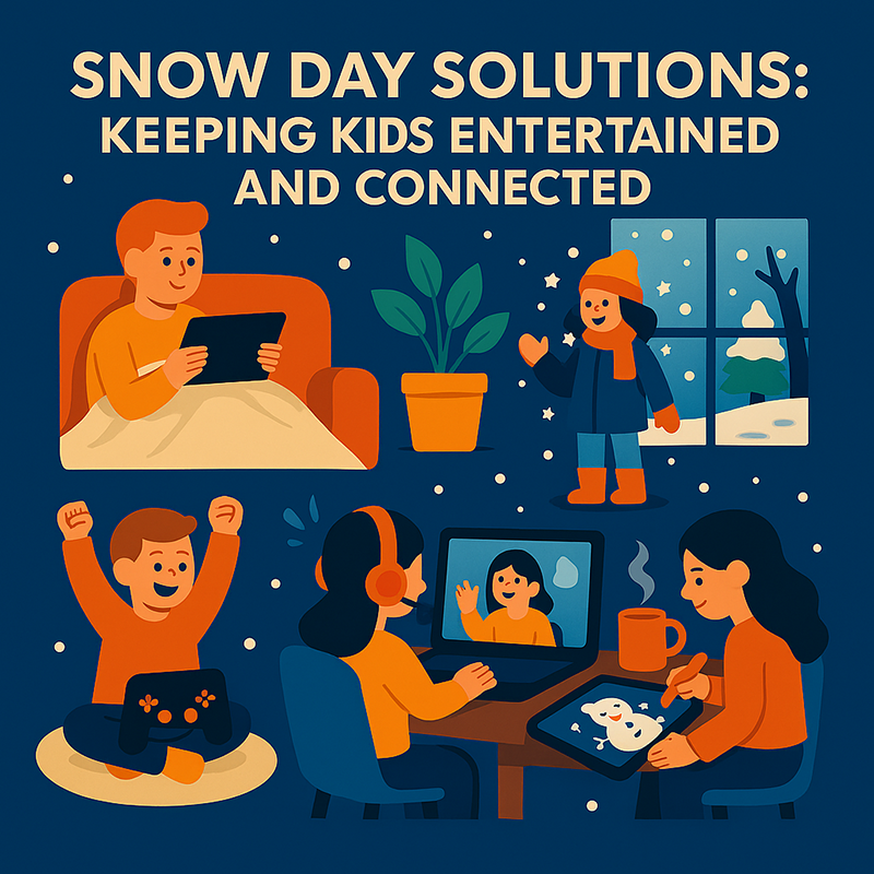 Colorful digital illustration of kids enjoying tech-based snow day activities indoors, including gaming, video calls, and cozy winter fun.