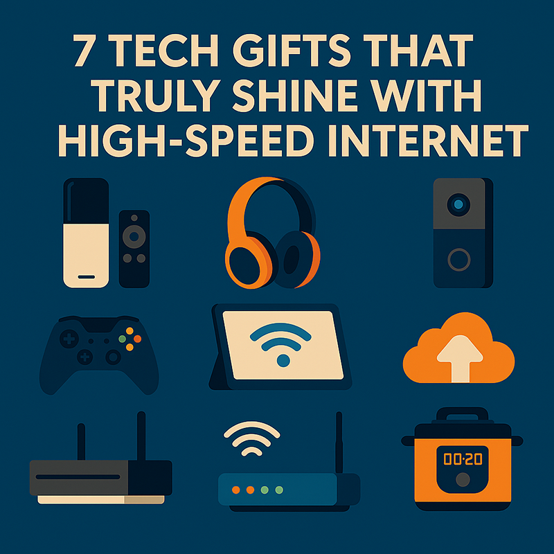 Illustration of tech gadgets like smart speakers, streaming devices, and gaming consoles with the title “7 Tech Gifts That Truly Shine.